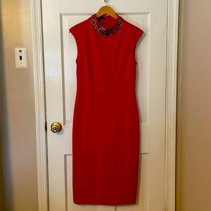 Ted Baker London Gorgiya embellished/jeweled cap sleeve midi crepe red dress.